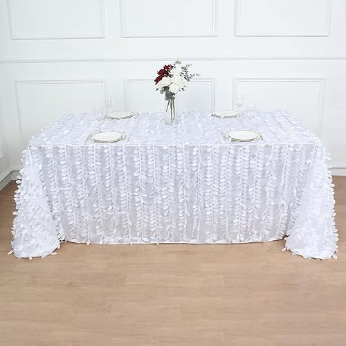 Miniatura 5 de Tableclothsfactory Mantel rectangular de tafetán de pétalos de hojas de 90 x 132 pulgadas, color blanco para bodas, fiestas, eventos, banquetes,