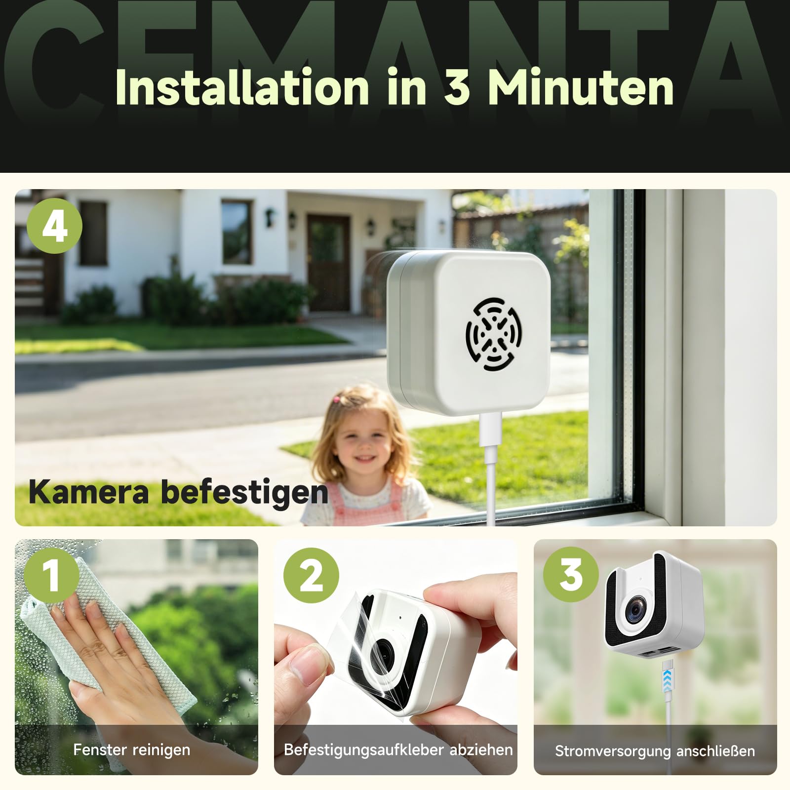 2pcs 3MP Fensterkamera Überwachungskamera Innen 5G/2,4GHz WLAN | Kostenlosem Cloud-Speicherr & 24/7 Aufnahme, Farb-Nachtsicht, KI Bewegungserkennung, Kamera für Haussicherheit/Haustiere