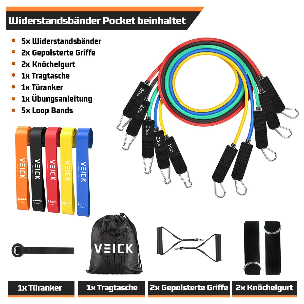 VEICK Widerstandsbänder, Übungsbänder, Workout-Bänder, Widerstandsbänder zum Trainieren mit Griffen für Männer und Frauen (10–150Pfund + 5 Schlaufenbänder, Macaron)