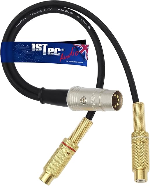 1STec 30cm 5 Pin DIN Stereo Audio Adaptor Cable to 2 RCA Phono Sockets Adaptor Cable used for connecting audio sources to B&O Naim Quad and other similar Amplifiers (Bi-Directional, 0.3 Metre)