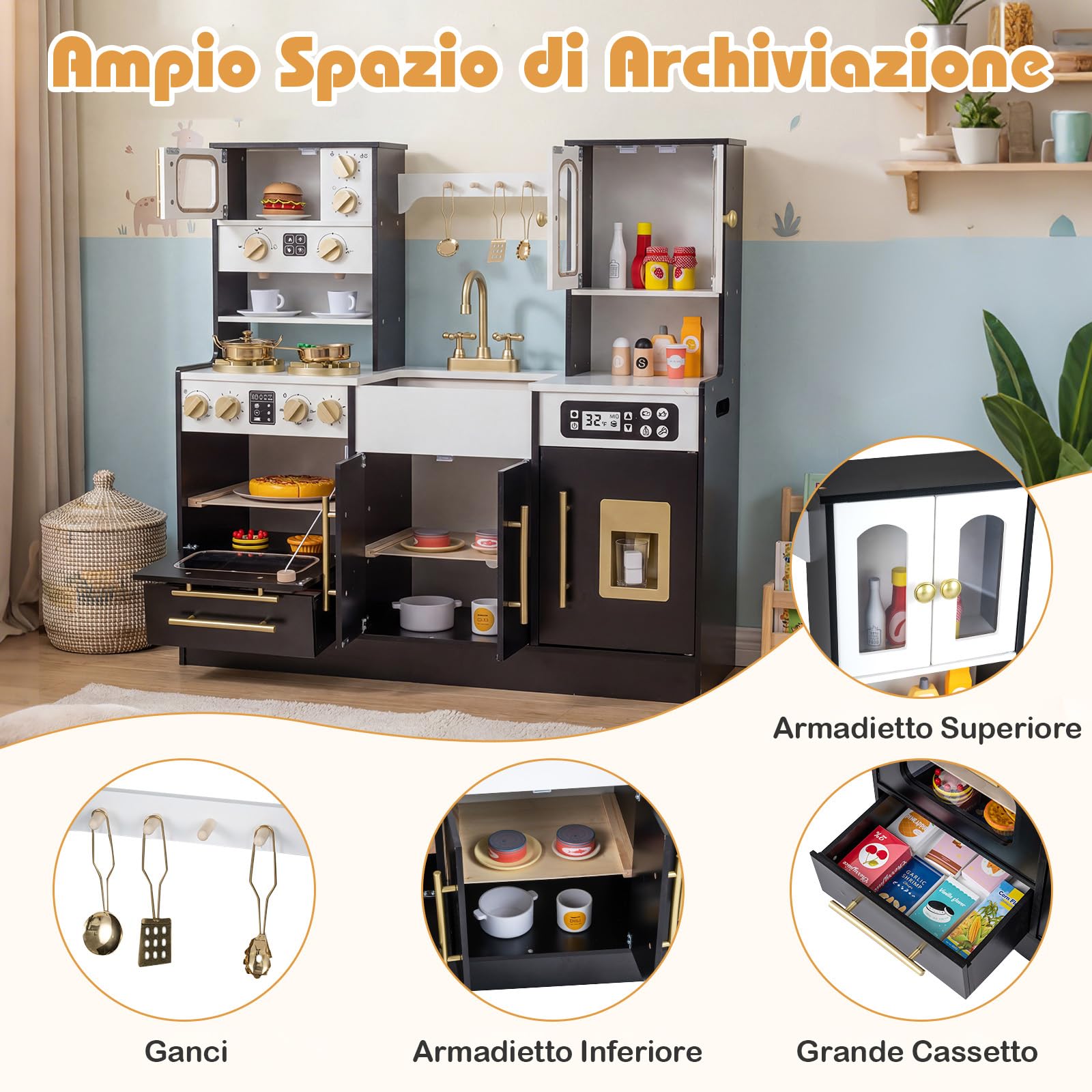 COSTWAY Cucina in Legno per Bambini, Cucina Giocattolo con Luci e Suoni Realistici, Fornelli, Lavello, Rubinetto, Forno, Macchina del Ghiaccio e Macchina del Caffè, per Bambini 3+ Anni (Nero)