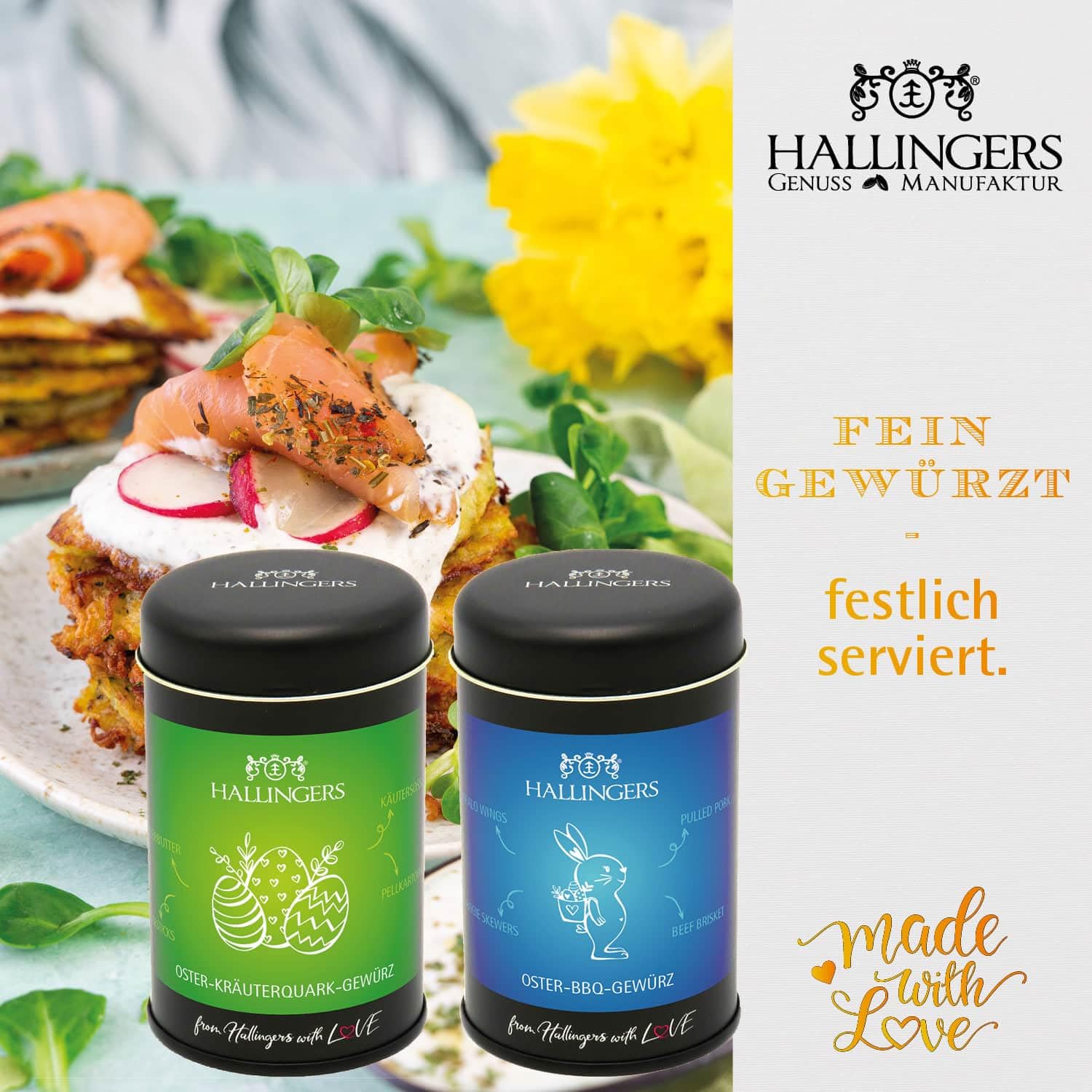 Hallingers Genuss Manufaktur Feinkost Oster-Geschenk-Set - XXL-Geschenkkorb "Gruß vom Osterh..." großer Ostergruß Ostereier, Gewürz, Sekt, Schoki, Duftkerze & viel mehr, Ostern Körbchen für Frauen