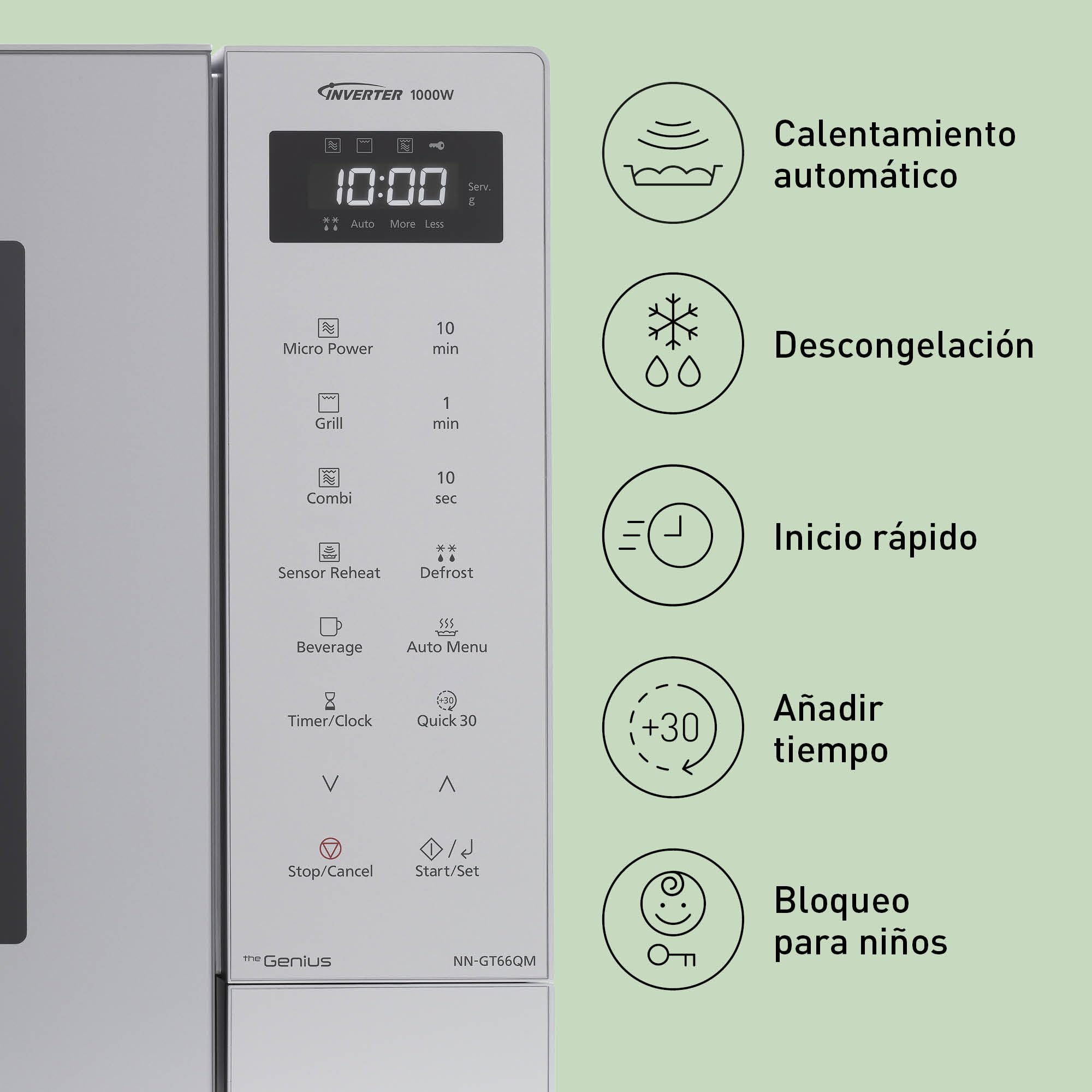 Panasonic NN-GT66QMEPG Horno Microondas Combinado de 31 L con Grill, 1000 W, Cocción Combinada, 7 Niveles de Potencia, Descongelación Turbo, LED, Plato Giratorio, Plateado