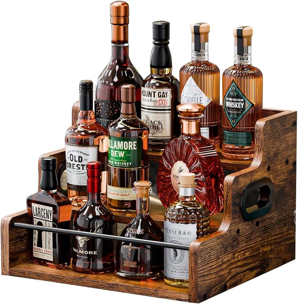HGZBS Liquor Bottle Display Shelf, Wooden Coffee Syrup Rack Organizer, 3 Step Retro Countertop Liquor Wine Rack, Mini bar, Liquor Cabinet, Home Bar Shelf Stand Liquor Whiskey, Spirits for Party