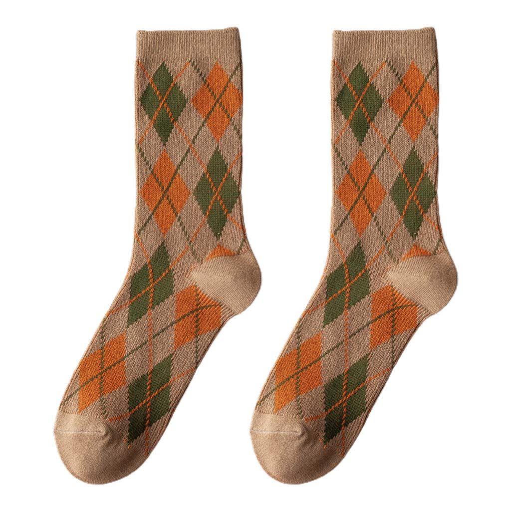 QUEENYARD Women Ethnic Argyle Print Crew Socks Vintage College Preppy Style Hosiery