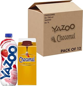 Chocomel & YAZOO Strawberry Variety Bundle Pack of 12 | 750 ml Chocomel and YAZOO Strawberry 1 Litre, Ready-To-Drink Cocoa and Milkshake Variety