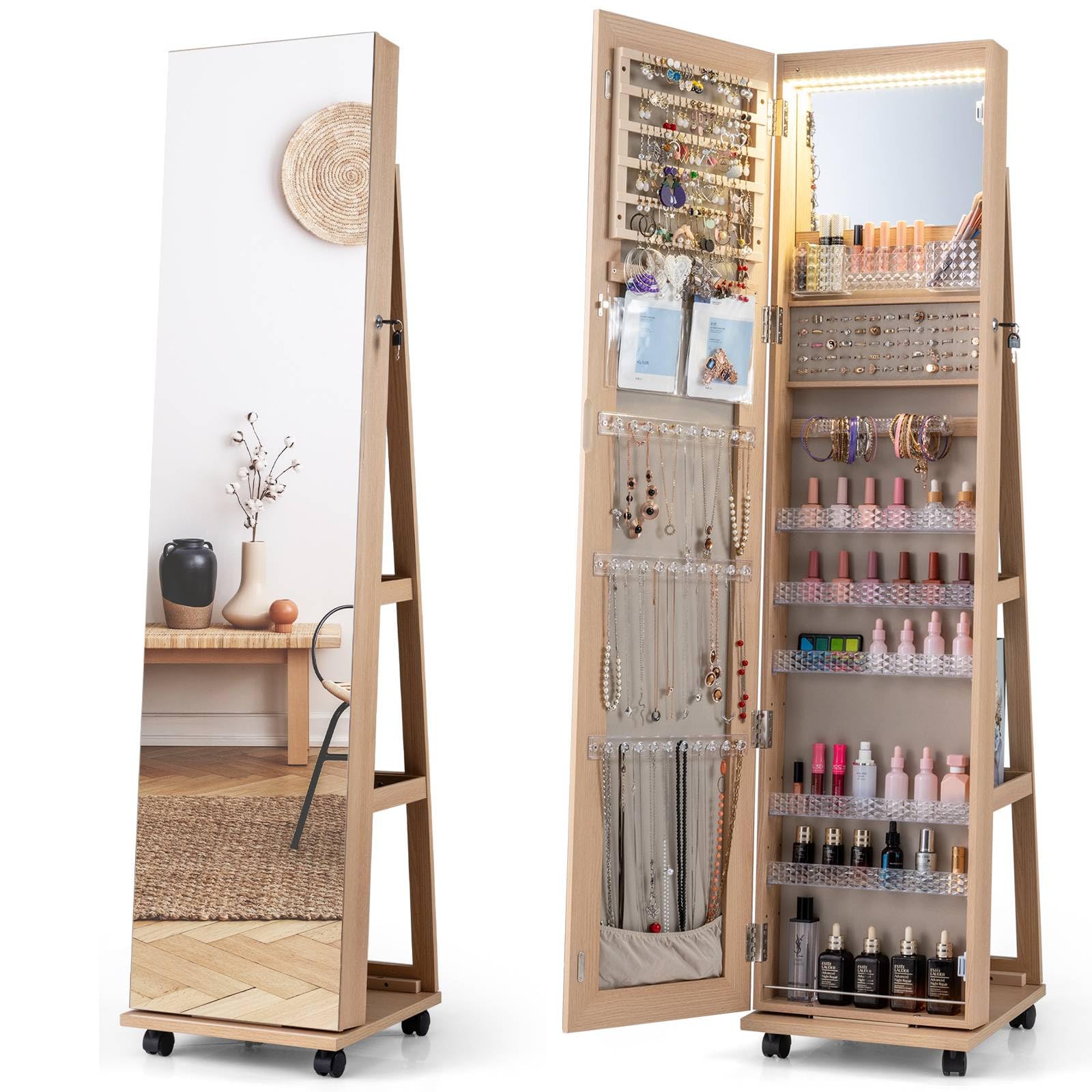 Multigot LED Jewellery Cabinet, Free Standing Mobile Jewelry Armoire with Full-Length Mirror, Built-In Small Mirror and Universal Wheels, Lockable Makeup Storage Organizer for Bedroom (Natural)