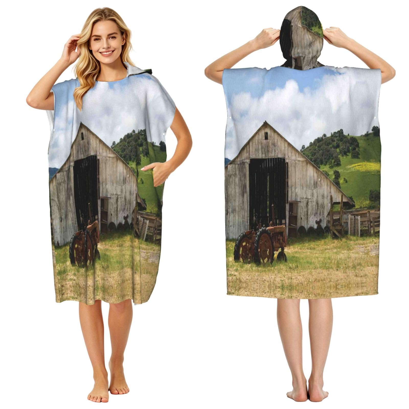 EZDLOWVBA Old Wooden Barn With Rusted Tractor Print Hooded Poncho Microfiber Beach Towel,Adult Women & Men Changing Robe,Lightweight Summer Surf Swim Bath Poncho Towel