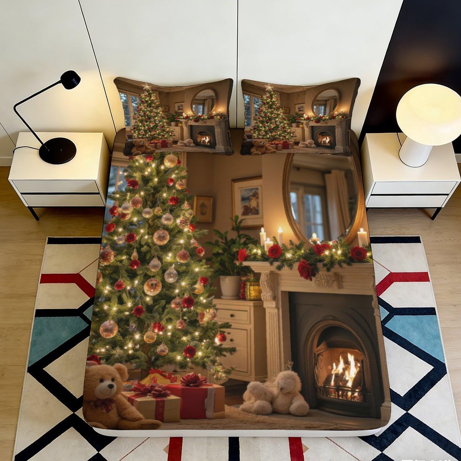 3D Printed Christmas Tree Fitted Sheet Microfiber Soft Festive Fireplace Bed Cover for Bedroom Guest Room Decor 90x200x25cm