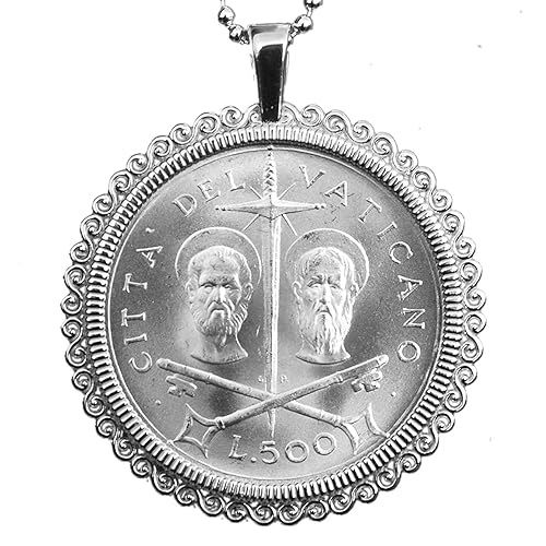 1967 Vatican 500 Lire BU Uncirculated 83.5% Silver Coin 925 Sterling Silver Necklace NEW - Saint Peter and Paul