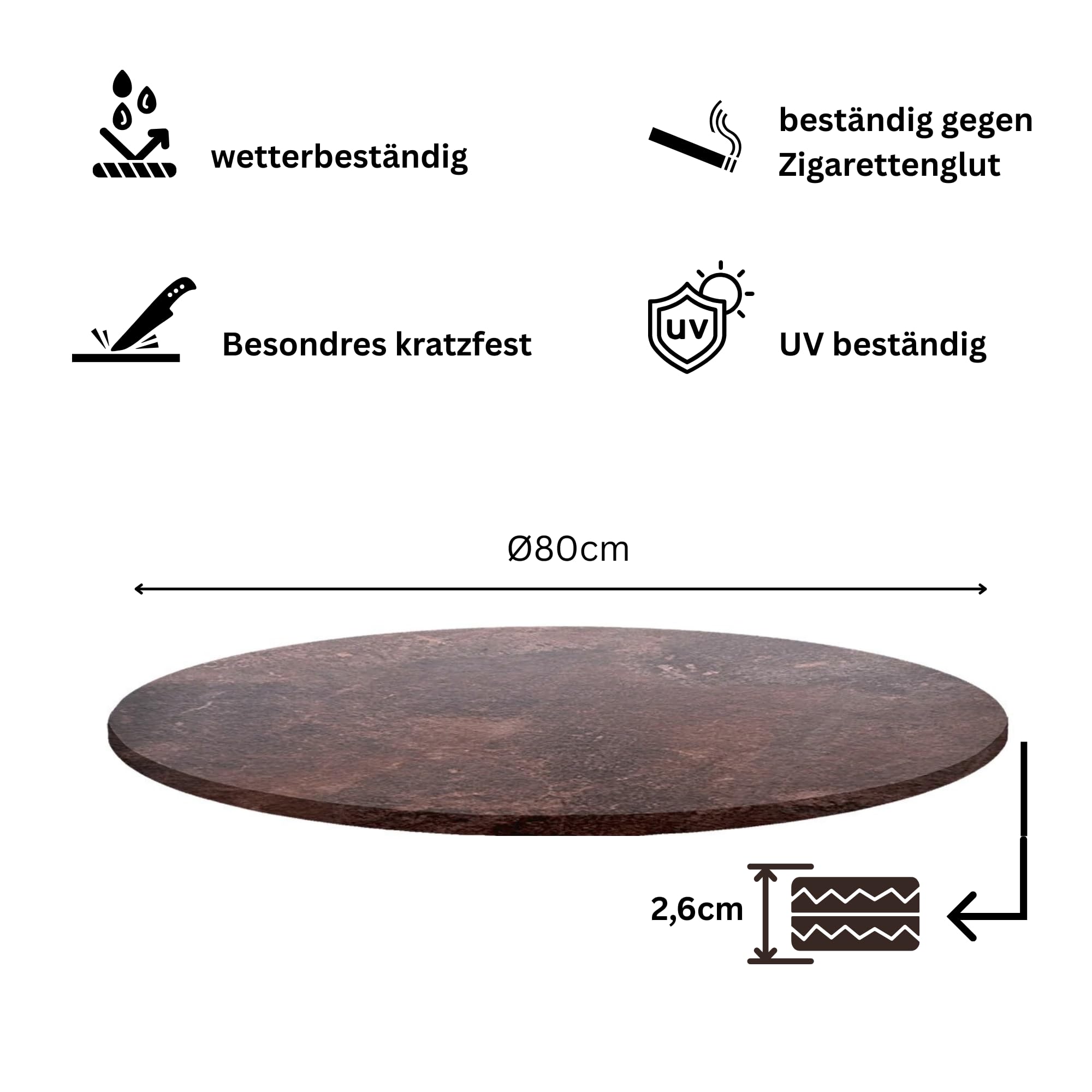 Acht & Acht Hochwertige Tischplatte Topalit Rund - Ø 80cm – 26mm Dicke für Bistrotisch/Esstisch/für Outdoor und Indoor - Farbe: Cyprus Metal