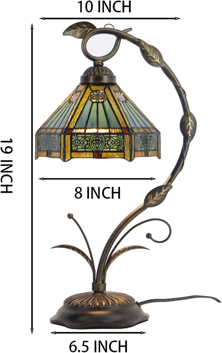 Tiffany Lamp Stained Glass Table Lamp Metal Leaf Base 8X10X19 Inch Reading Desk Light (Hexagon Mission Style)