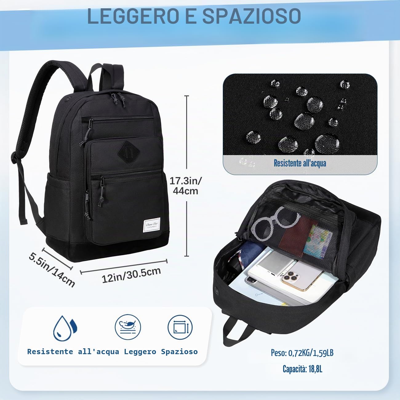 Chase Chic Zaino Uomo Donna, 15,6 Pollici Zainetto Scuola Leggero Zaini Porta Pc Grande Backpack per Università Media Lavoro