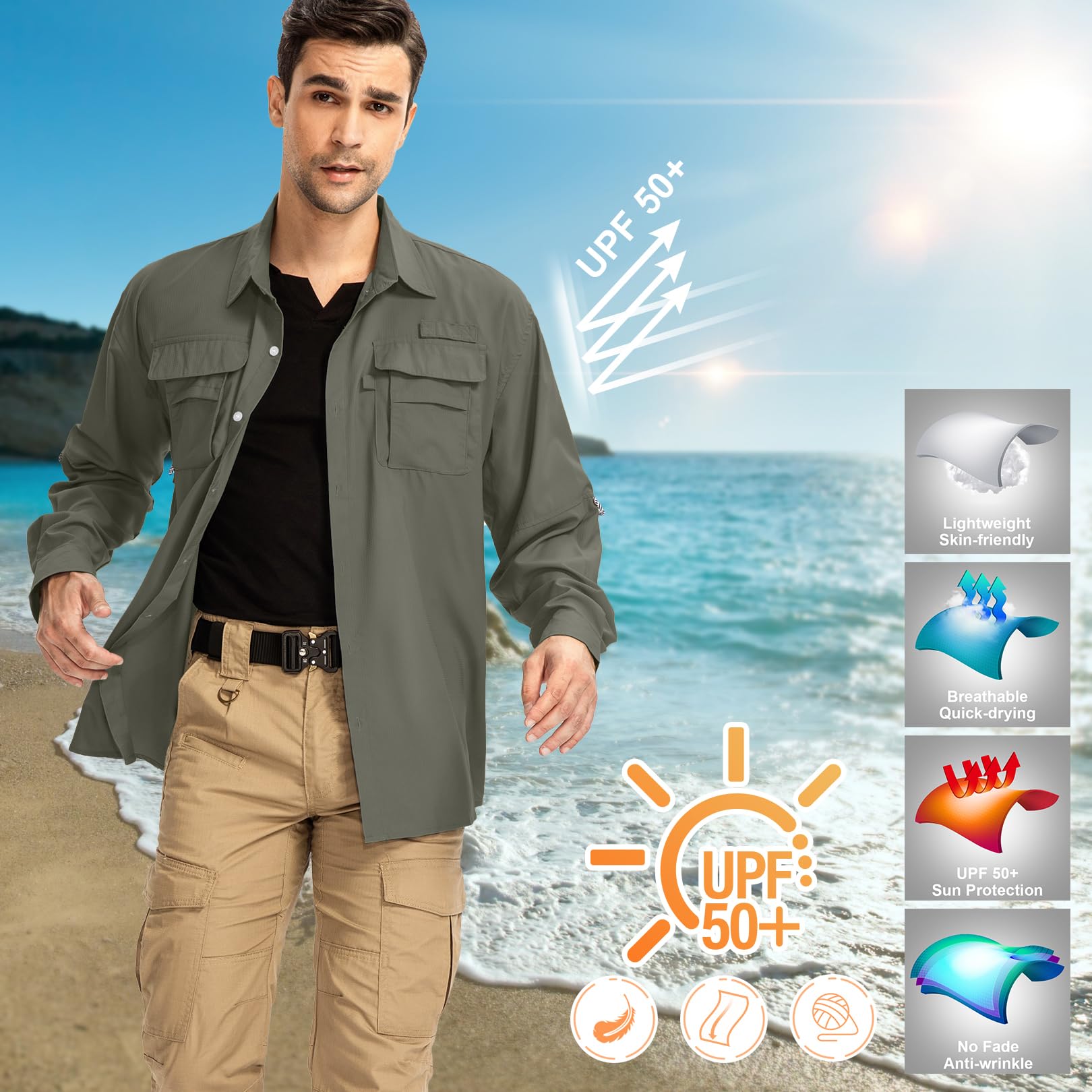 yeyity Camisa de exterior para hombre, manga larga, UPF50+, protección UV, transpirable, de secado rápido, para senderismo, pesca, trekking