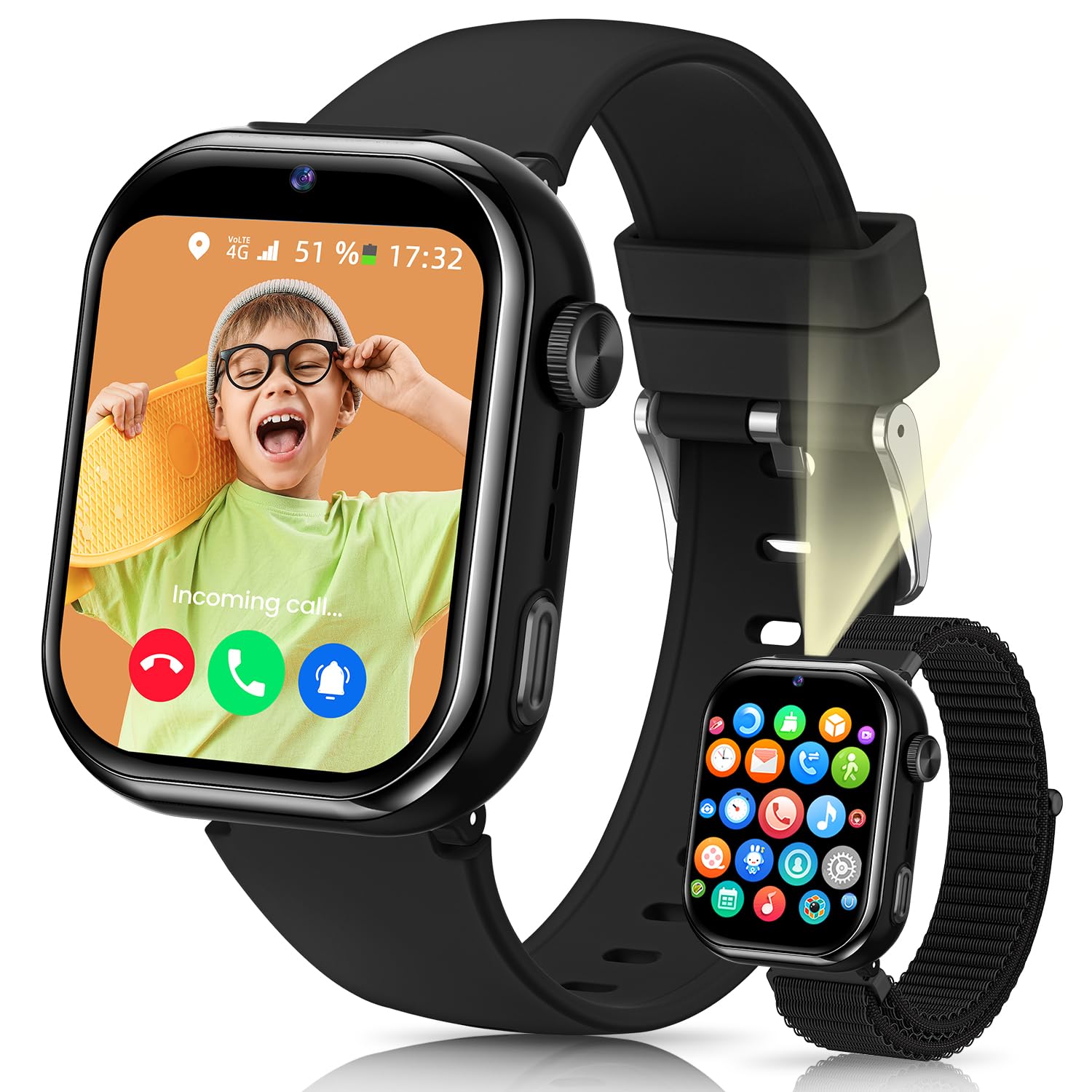4G Reloj Inteligente Niño con GPS y Llamadas, Doble Cámara, Linterna, Negro