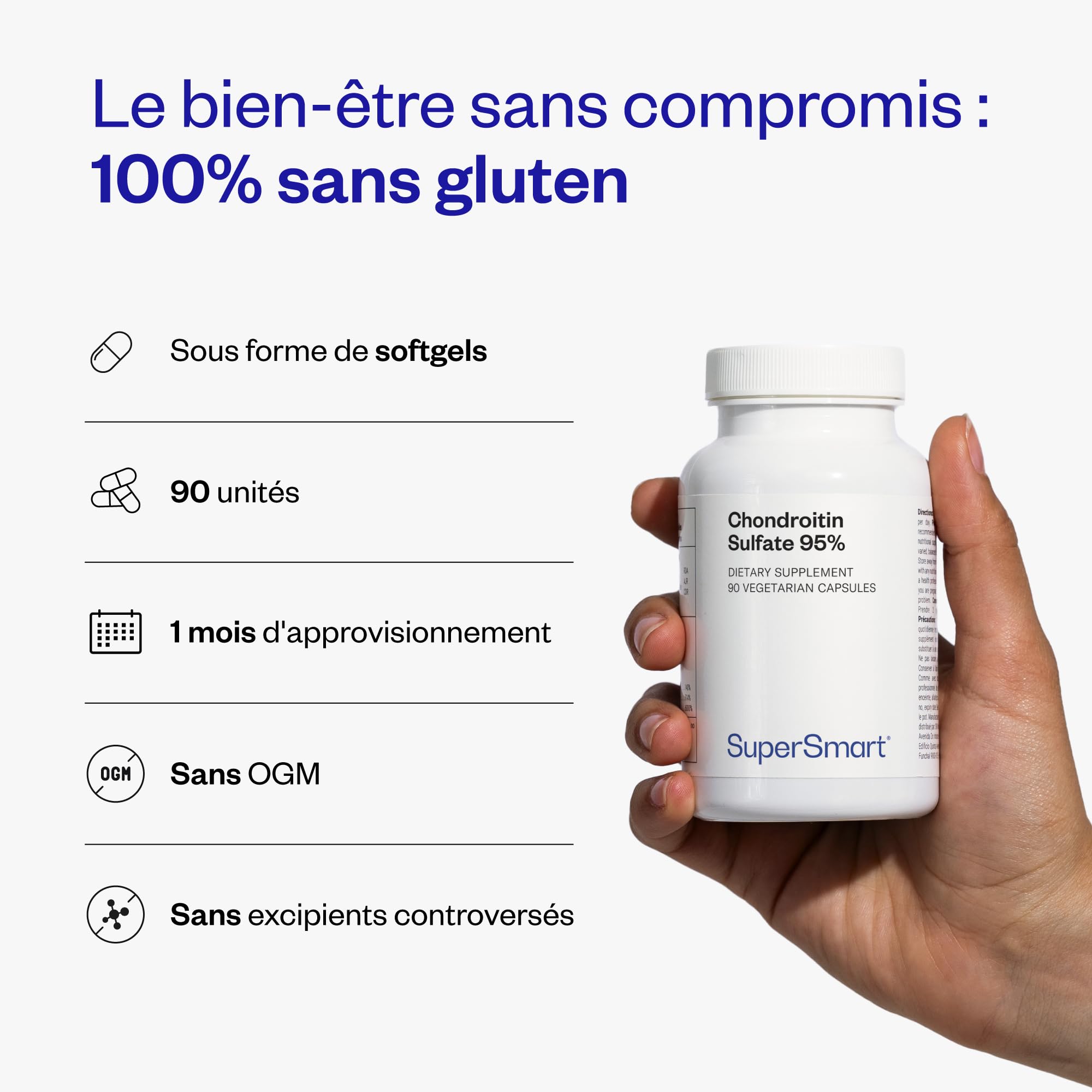 Chondroïtine Sulfate 95% - Aide à Soulager les Douleurs Articulaires - Soin des Articulations, des Os et des Muscles - Pureté Exceptionnelle (95%) - Sans OGM - SuperSmart