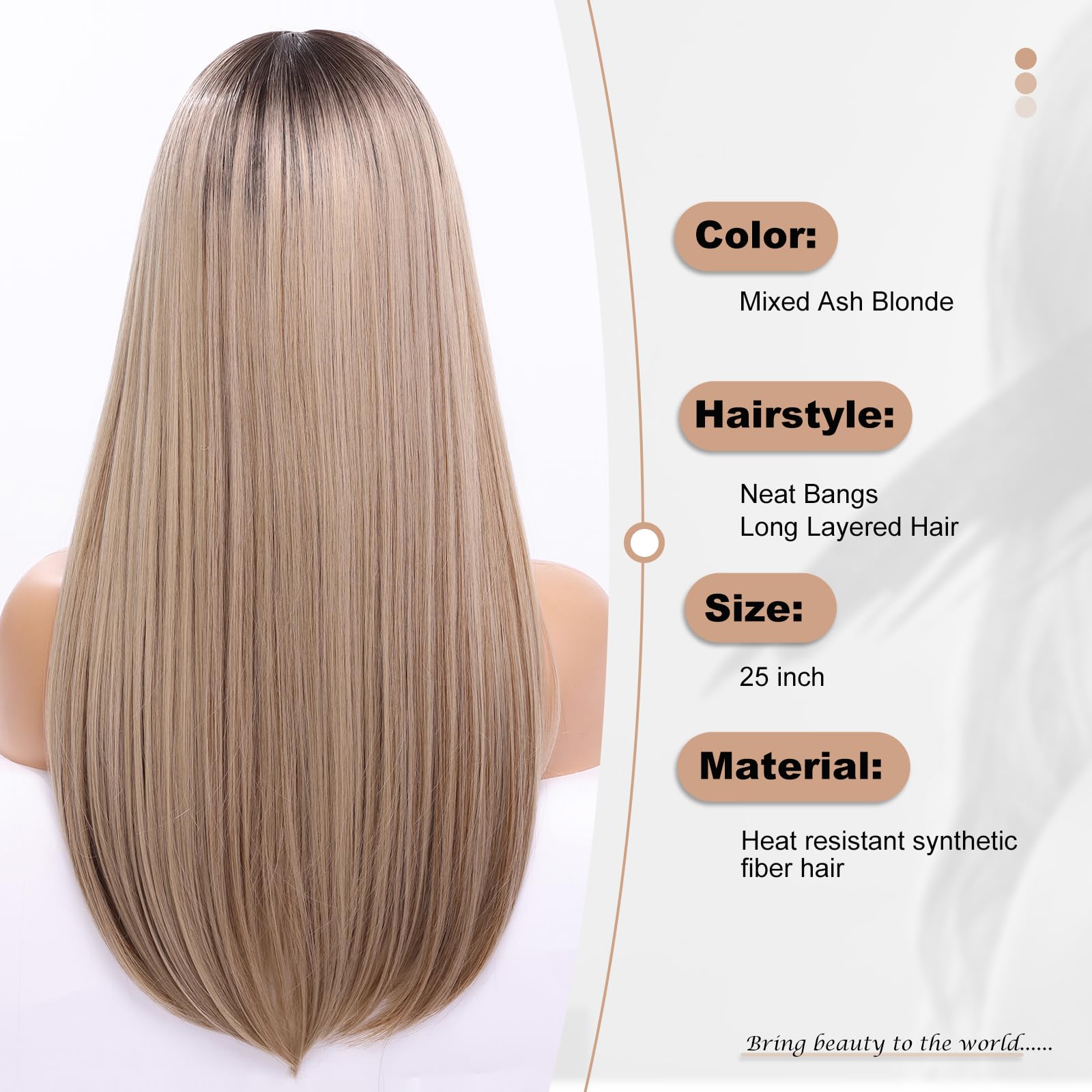 HAIRCUBE Long Mixed Ash Blonde Wigs for Women Straight Synthetic Layered Wig with Bangs and Dark Roots