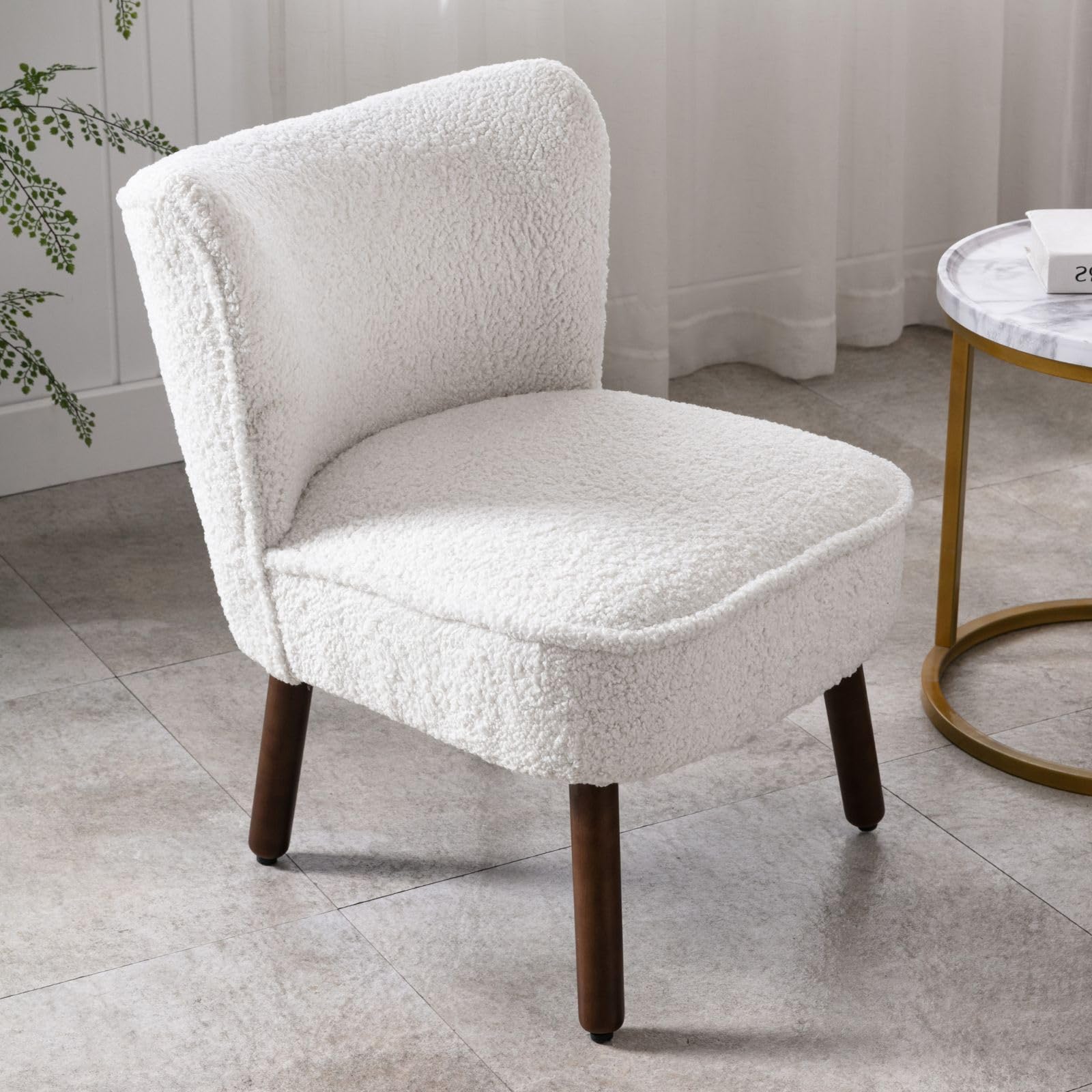 chairus Faux Fur Tub Chair Armless Single Sofa Chair with Wood Legs Upholstered Accent Chairs Modern Longue Chair for Balcony Living Room (White-1)