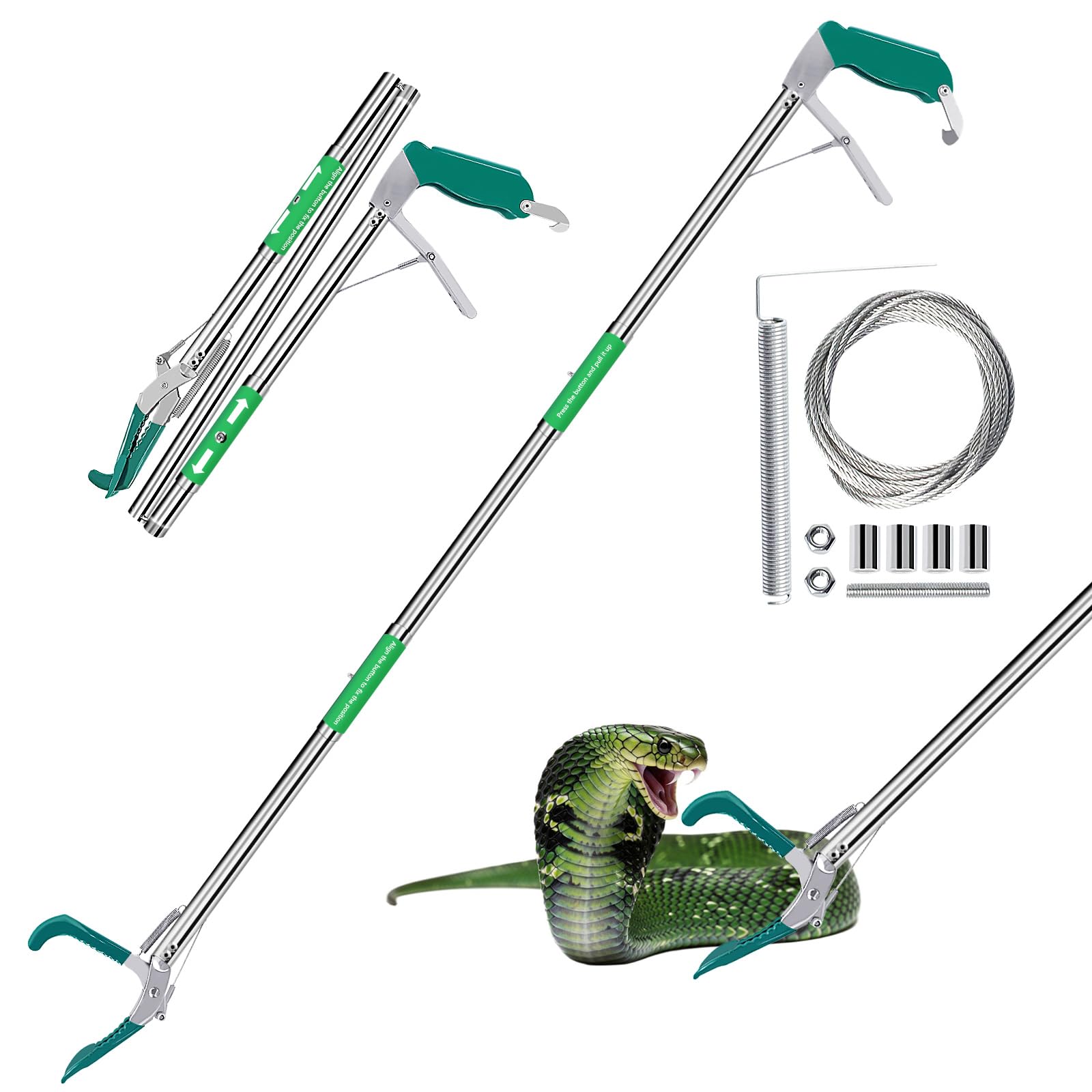 Snake Collapsible Grabber Tool, 50" Snake Tongs Stick Professional Extra Heavy Duty Reptile Catcher Grabber Wide Jaw Handling Tool with Lock, Non-Slip Grip for Safe Snake Handling Rattlesnake Catching