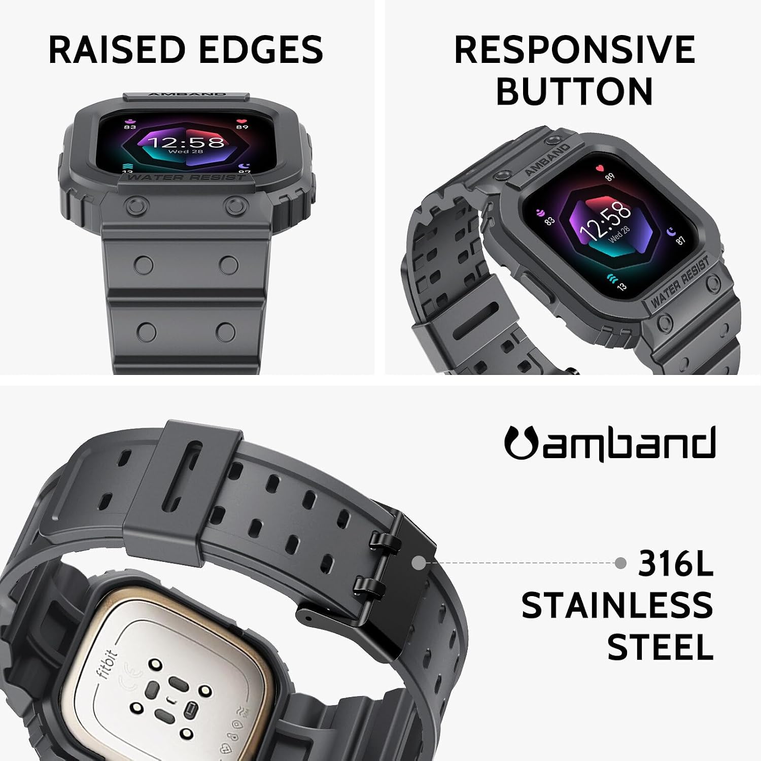 amBand Compatible for Fitbit Versa 4/3/2/ Fitbit Versa Lite/Fitbit Sense 2/ Fitbit Sense Bands with Case, Protective Smartwatch Case Strap Rugged Sport Protector Wristbands Men Gray image 3