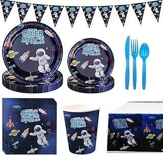 4Temps Outer Space Party Tableware Set 114Pcs Astronauts Space Theme Birthday Disposable Tableware Includes Plates Cups Napkins Banner Tablecloth Cutlery Dark Blue Astronaut Dinnerware Set- 16 Serves
