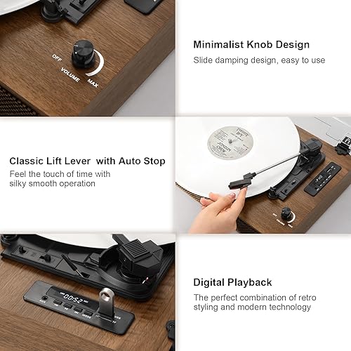 Miniatura 12 de Reproductor de discos de vinilo de tamaño extendido con reproducción Bluetooth, altavoces integrados, grabación USB, pantalla LED, tocadiscos de 3
