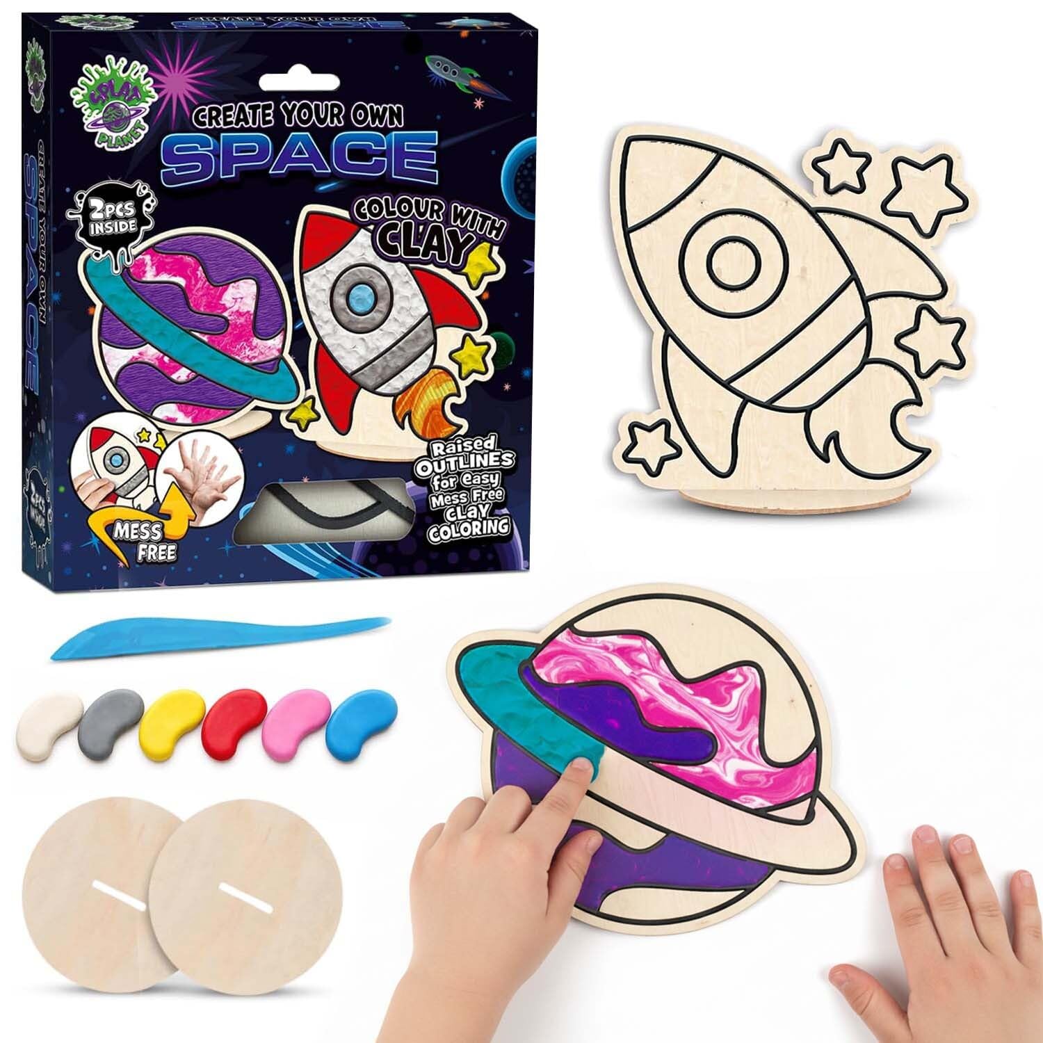 Splat Planet Space Clay Colouring Kit for Kids – 2 PK DIY 3D Art Craft Kit with Air-Dry Clay, Mess Free Clay Colouring, Creative Kids Arts and Crafts Activity Set, Space Craft Gift.