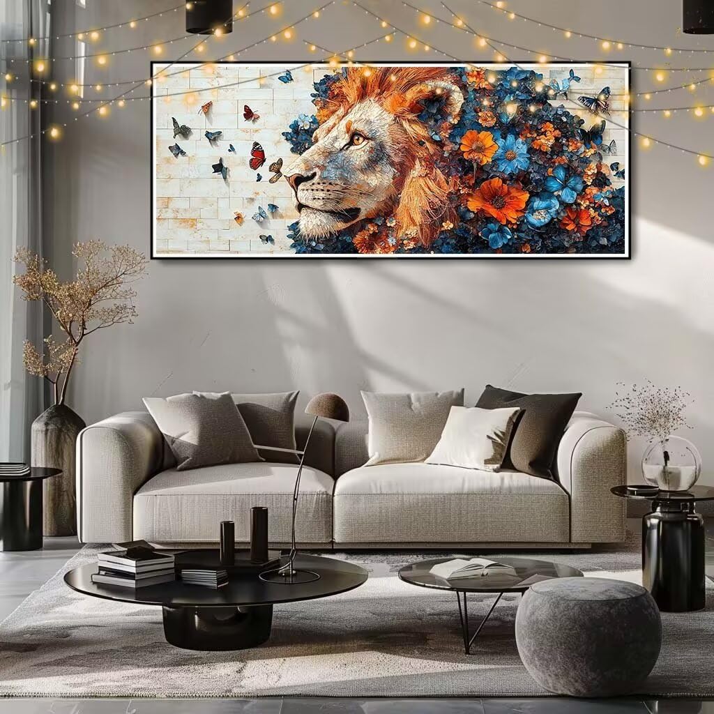 Lew, Piwonia DIY Zestaw do malowania diamentami, 5D Malarstwo diamentowe dla dorosłych dużych 70 x 180 cm, haft krzyżykowy ze strasem, malowanie diamentami dla dziewczynki do dekoracji domu 58Y-13226