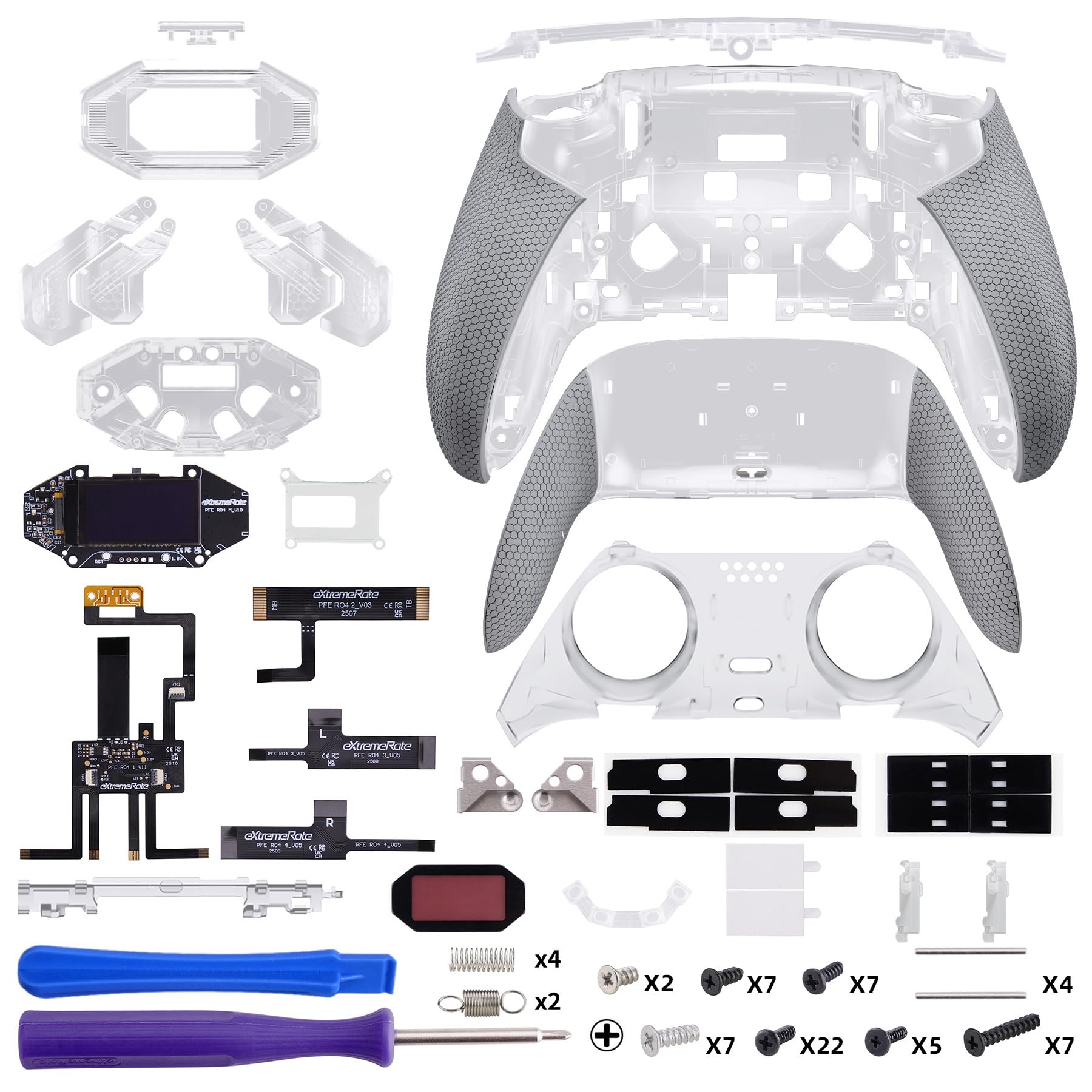 eXtremeRate Beyond Kit de Carcasa con Paletas Traseras para ps5 Edge Mando, Pantalla OLED, Empuñaduras Ergonómicas Antideslizantes, 4 Botones Traseros Reprogramables（Transparente & Gris）