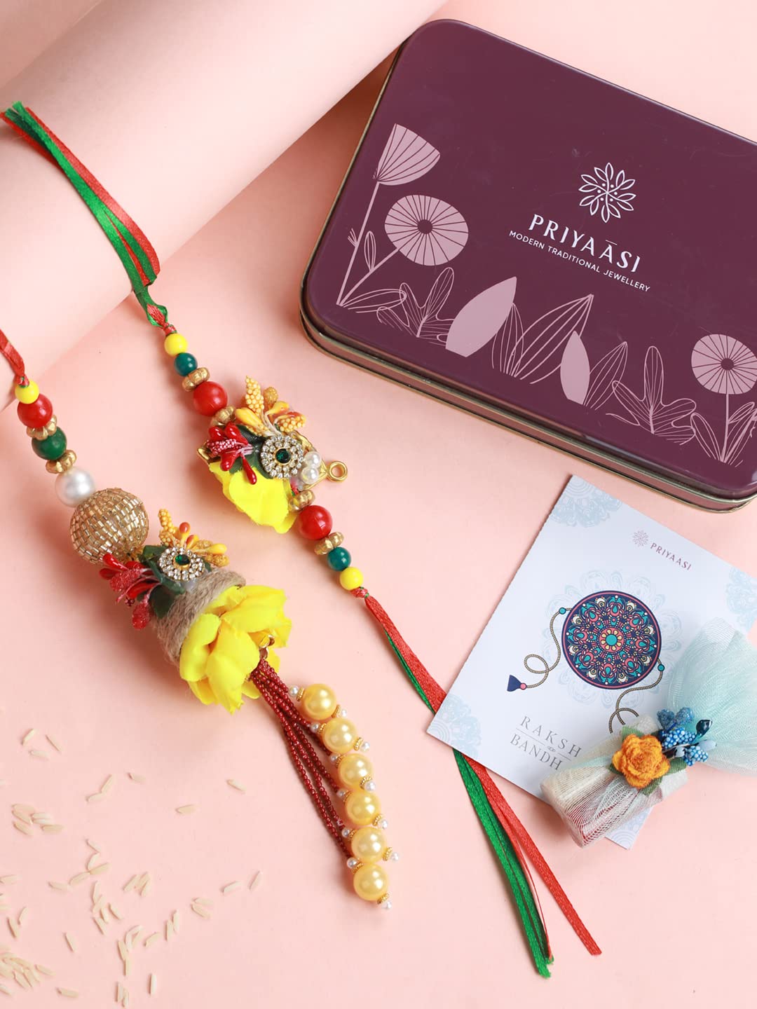 Priyaasi Rakshabandhan Yellow Flower Beaded Lamba and Rakhi Set with Roli Chawal, Greeting Card for Bhaiya-Bhabhi, Bhai, Brother, Men - Traditional Stylish Rakhi (Set of 2) - Image 5 thumbnail