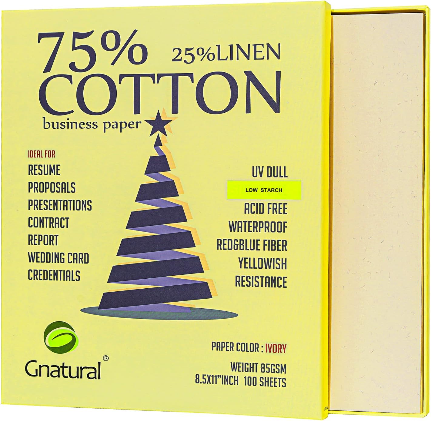 75% Cotton 25% Linen Business Paper, Ivory 85gsm 8.5"W x 11"L Resume Paper, Won't Get Wet Printing Paper 100/Box with Low Starch