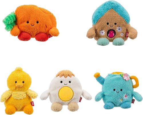 BumBumz SpringBumz - Paquete de 5 peluches de 4.5 pulgadas, zanahoria Carson, pollo amarillo cammie, huevo duro de Ethan, regadera Cosimo y casa de