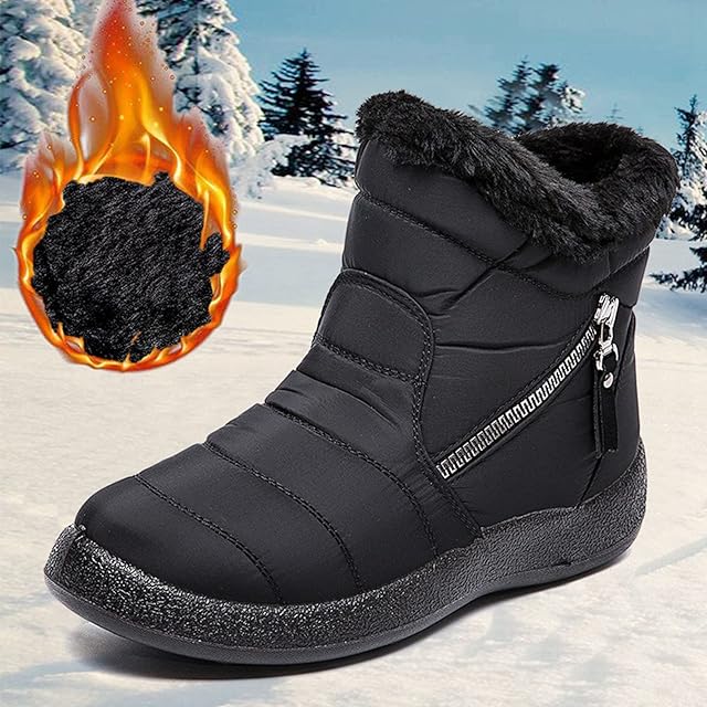 VESNIBA Womens Fur Lining Winter Warm Snow Boots Comfy Flats Waterproof Non-Slip Ankle Short Boots Slip On Low Heel Casual Boots Shoes Ladies Fashion Outdoor Walking Sport Shoes