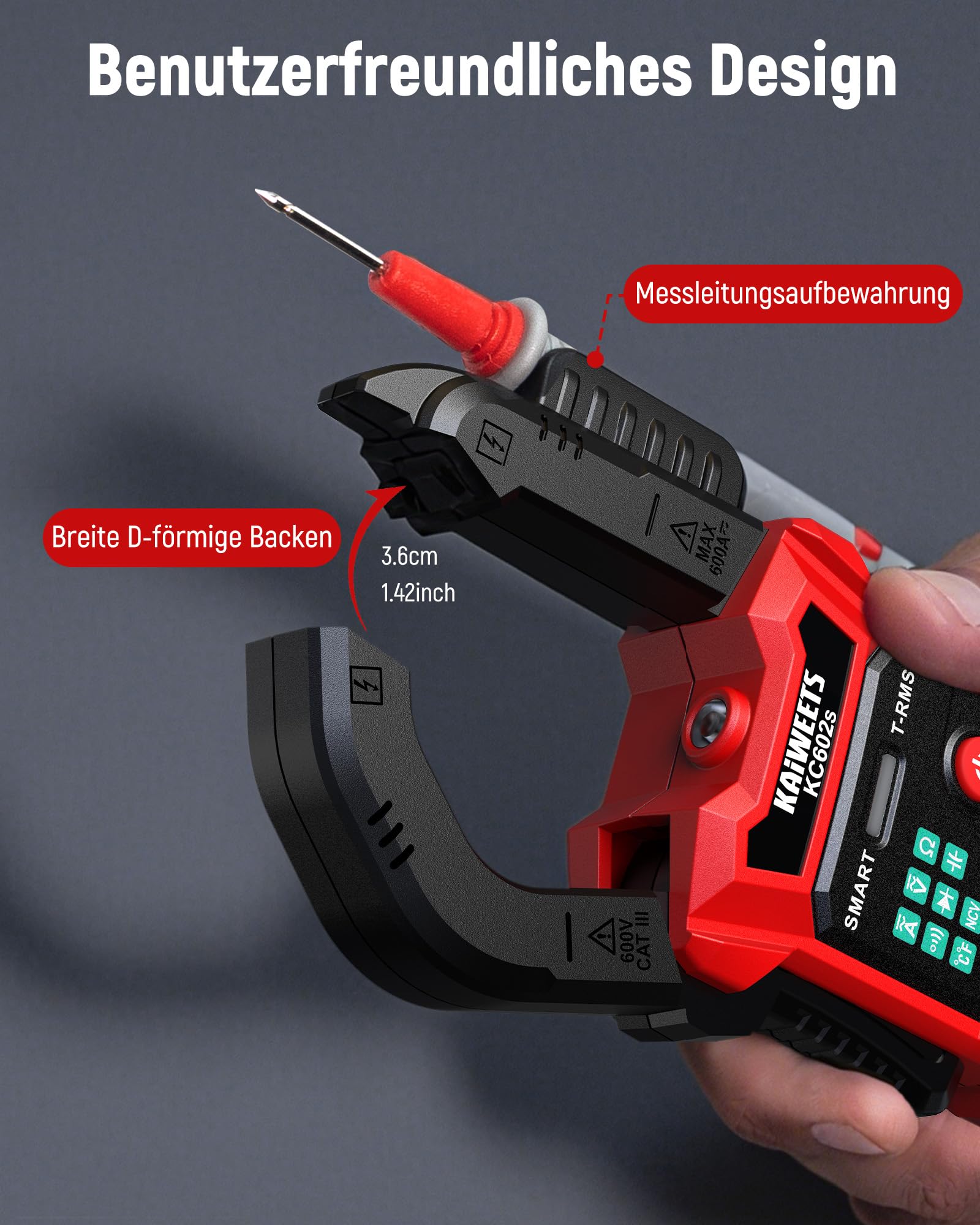 KAIWEETS Stromzange 600A TRMS, Digitale Strommesszange mit Auto-Messung, 6000 Counts, AC/DC Strom & Spannung, NCV, Einschaltstrom, Widerstand, Kapazität, Temperatur, Dioden- & Durchgangsprüfung