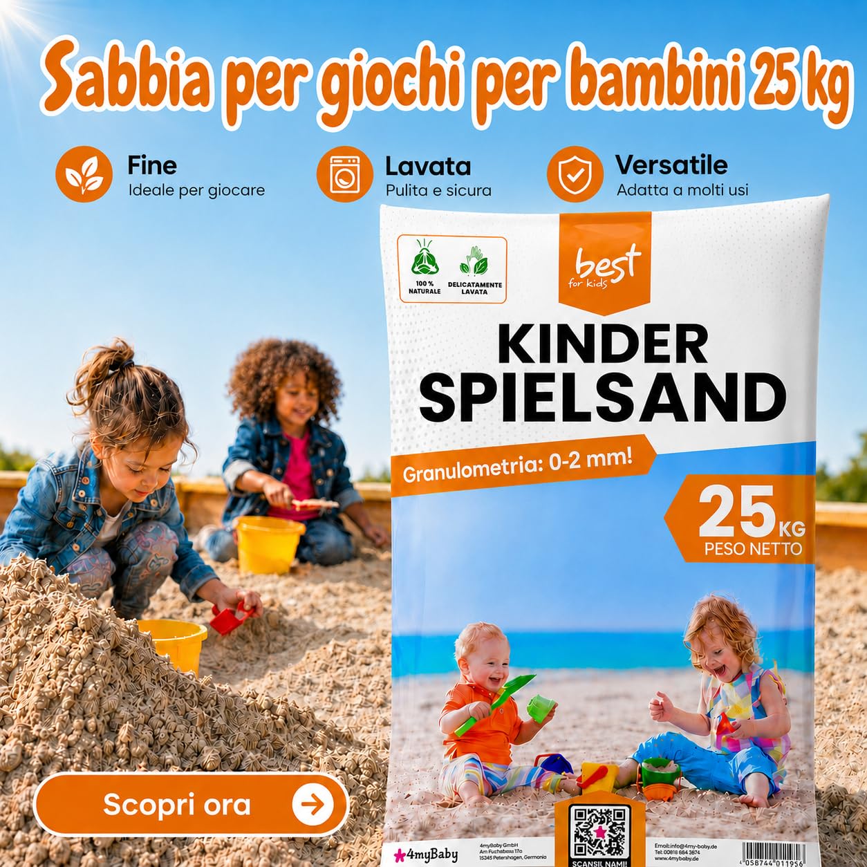 Best For Home | Sabbia da Gioco(25 kg) | Sabia di Quarzo Fine Lavata e Divertimento all’Aperto | Granulometria 0-2 mm | Atossica e Sicura | Ideale per e Aree da Gioco | Sabbia bambini per sabbiera