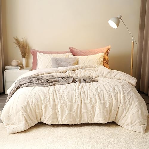 PHF - Juego de edredón cálido de vellón Sherpa, suave ropa de cama 3D capitonada y mullida para invierno, 3 piezas, Queen, crema, 1 edredón (90" x