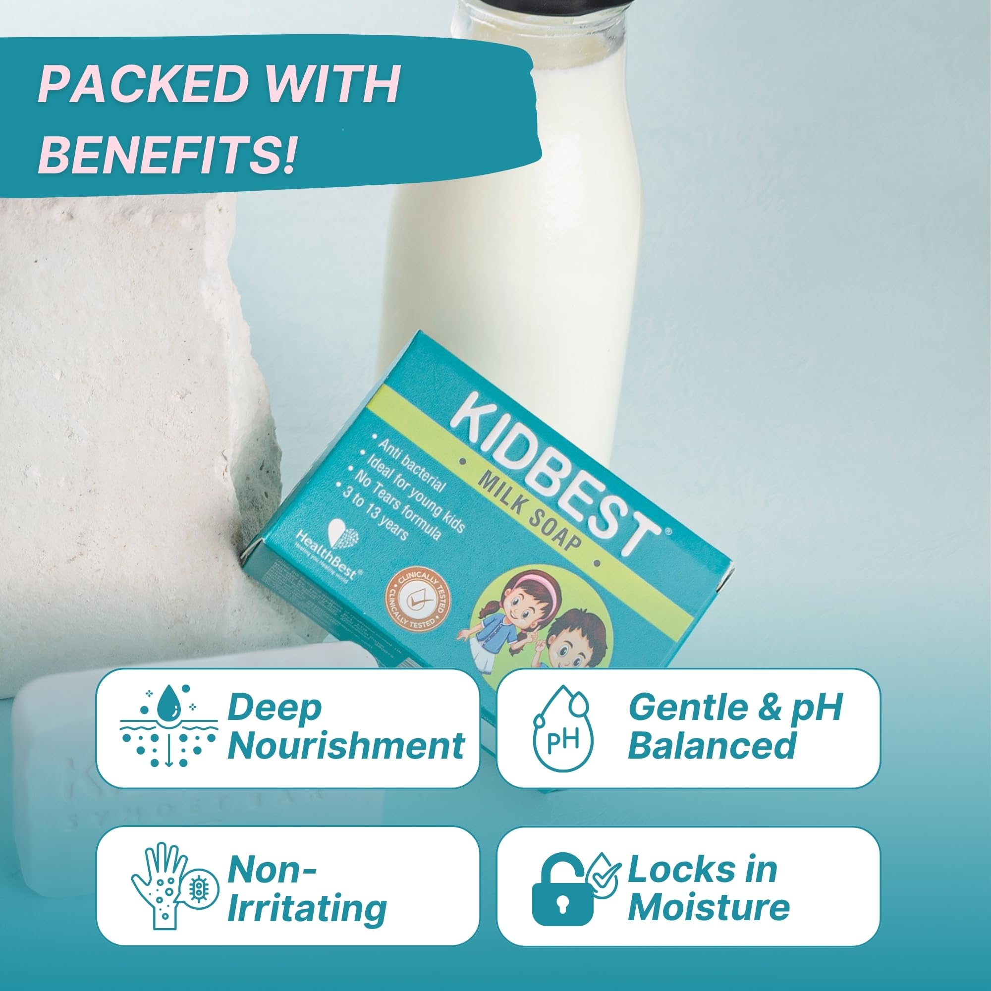 HealthBest Kidbest - Jabón de leche para niños, antibacteriano, para piel normal, sensible y seca, sin irritación, 3 unidades
