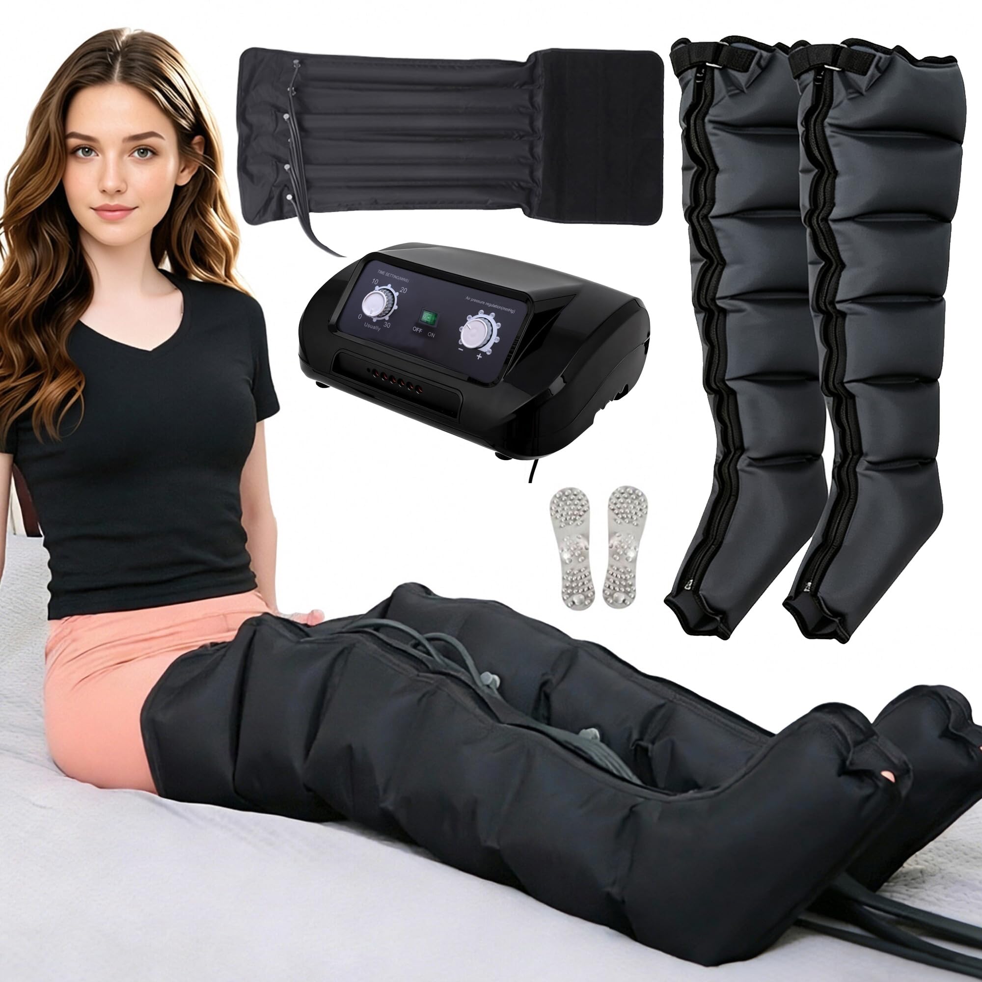 Botas de Presoterapia Piernas 6 Cámaras, 2 Piernas y Abdomen, Negro L