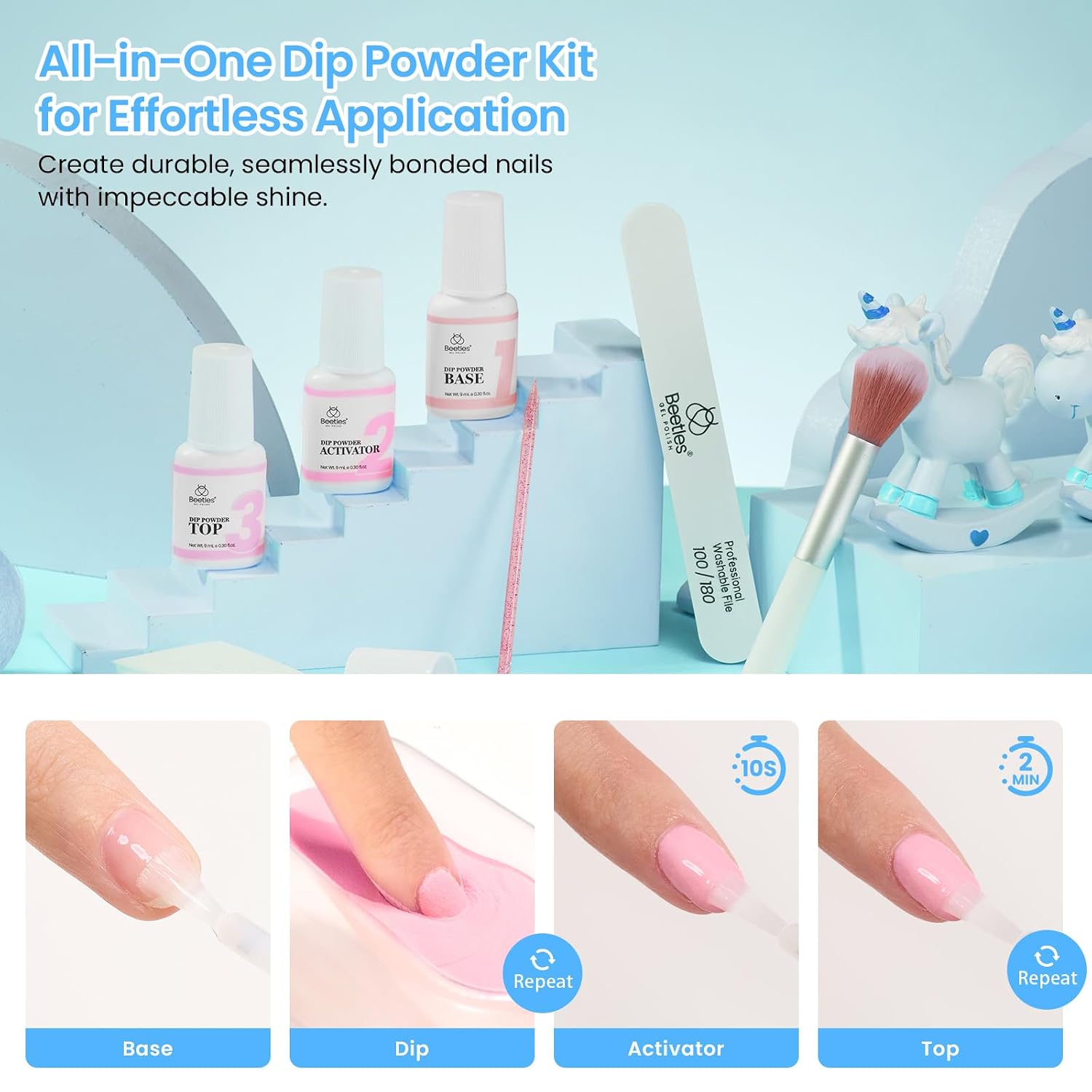 Beetles 40 Pcs Dip Powder Nail Kit, 20 Colors Pastel Pink Purple Pearl Blue Shimmer Chameleon Green Colors Dip Nails Powder Starter Kit with Base Top Coat Activator Brush Saver for Nail Art Manicure