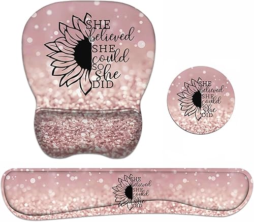 Juego de reposamuñecas y reposamuñecas para teclado con posavasos She Believed She Could So She Did con cita inspiradora con base de poliuretano