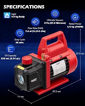 Orion Motor Tech Vacuum Pump, 4.5 cfm 1/3 hp HVAC Single Stage Vacuum Pump for R12 R22 R134a R410a R502, Auto AC Vacuum Pump Kit for Automotive Air Conditioner Resin Degassing & More