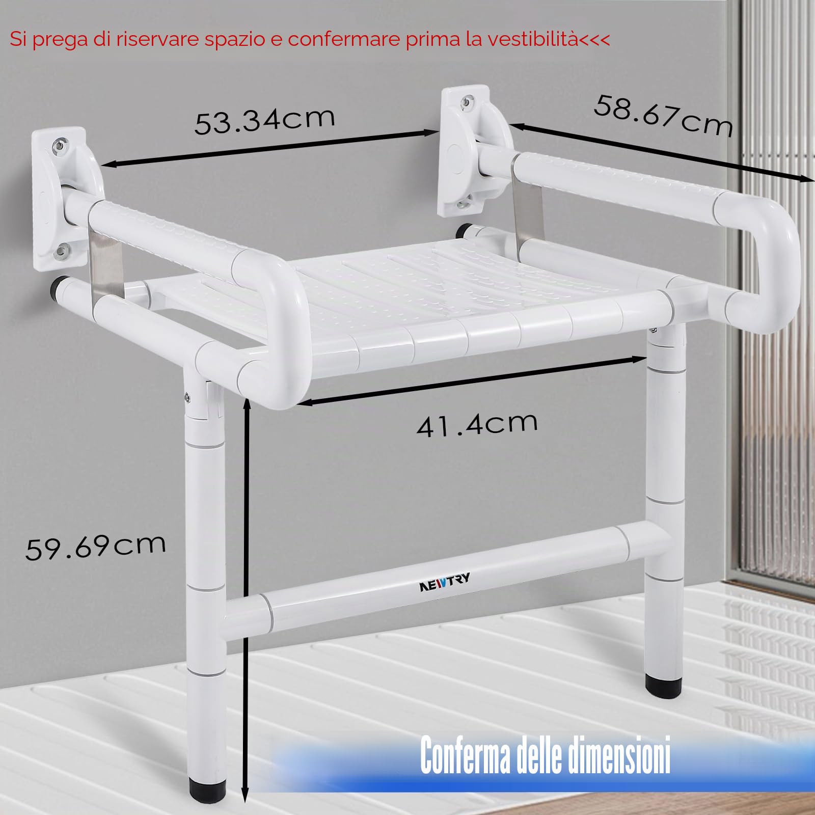 NEWTRY Sedia da Doccia Pieghevole Ribaltabile con Manici & Gambe, 300kg Sgabello Doccia con Funzione di Rimbalzo per Anziani, Gravide e Disabili