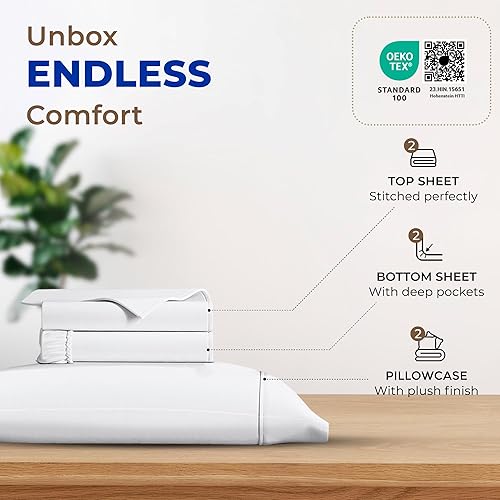 Vista 9 de THREAD SPREAD Hotel Collection - Juego de sábanas de 600 hilos de algodón egipcio, satinado, 4 piezas, Blanco, King