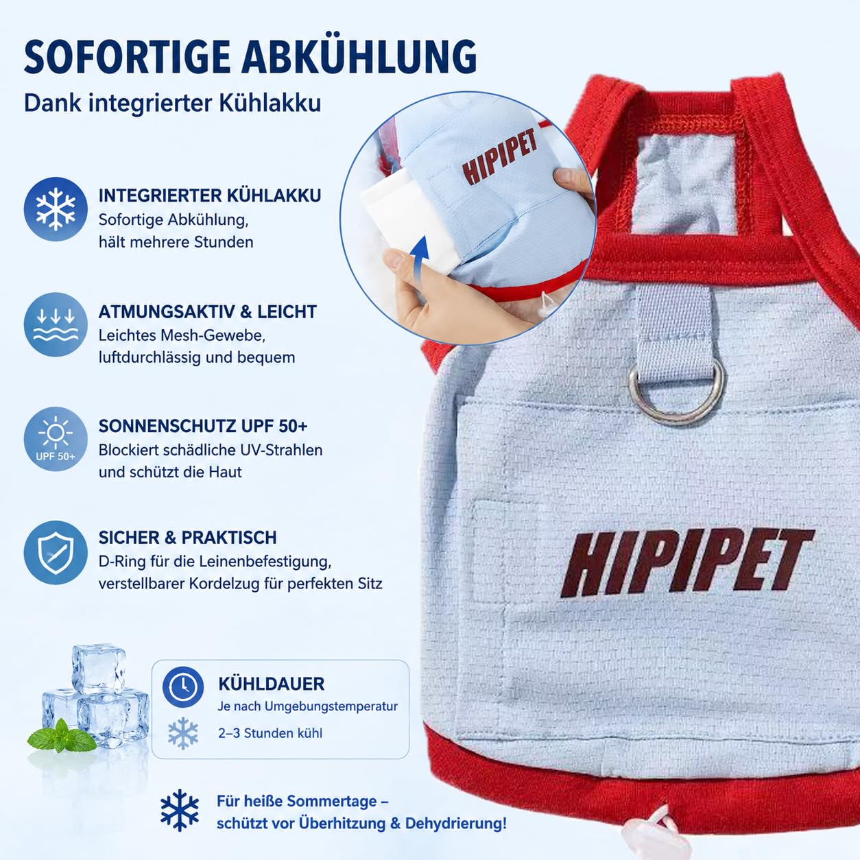 Kühlweste Hund – Sommer Kühljacke mit Ice Pack & Kapuze, Atmungsaktiv, UPF50+ Sonnenschutz, Sonnenschutz Hunde XS–XXL für kleine & mittelgroße Hunde