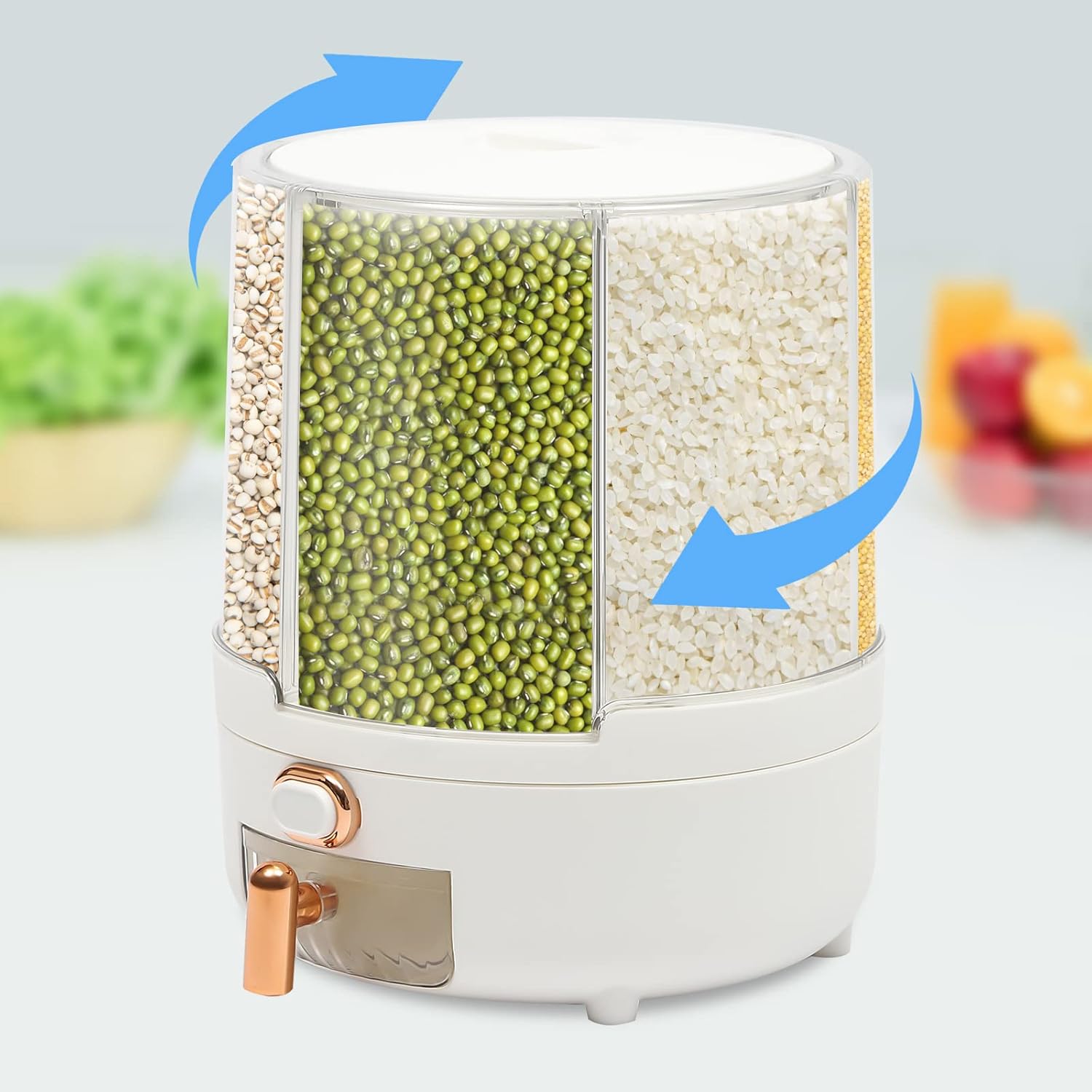 Rice Dispenser 10Lbs 6-Grid 360° Rotating Kitchen Cereal Airtight Storage Container with Anti-slip Pads - Dry Food Dispenser for Flour Beans Rice