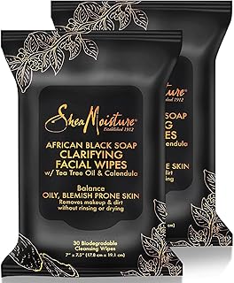 Shea Moisture Makeup Remover Face Wipes, African Black Soap, With Tea Tree Oil & Calendula, Removes Makeup & Dirt to Clarify Oily Blemish Prone Skin, Pack of 2; 30 Wipes Per Pack