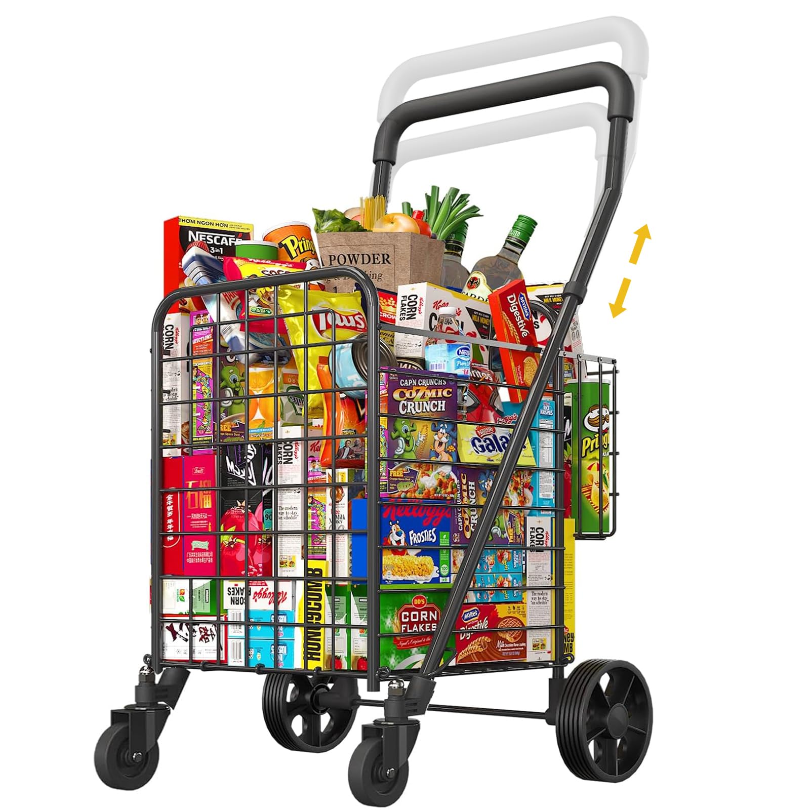 Siffler Grocery Shopping Cart Double Swivel Wheels Double Basket Folding Grocery Laundry Book Luggage Travel (Medium-Black)