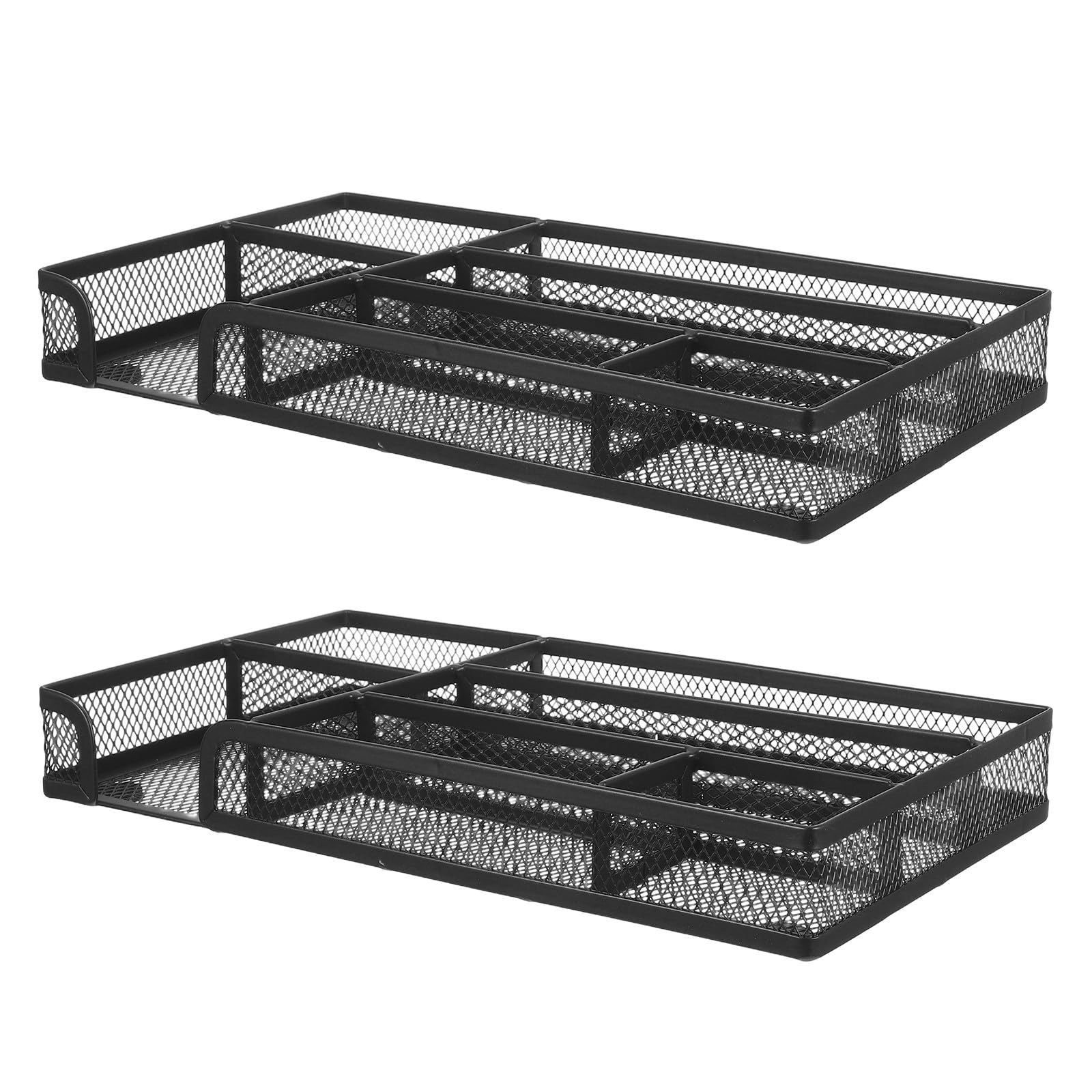 Caja Organizadora de Escritorio de Oficina de Malla Metálica Negra, 2 | Hierro, Seis Compartimentos, 4 Almohadillas Inferiores, sin Montaje, para Workspace y Desk Organisation