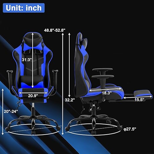 Miniatura 44 de PC Gaming Chair Ergonomic Racing Office Chair Video Game Chair, Massage Function Lumbar Support with Arms Footrest & Headrest Nice Chic Desk Chair,