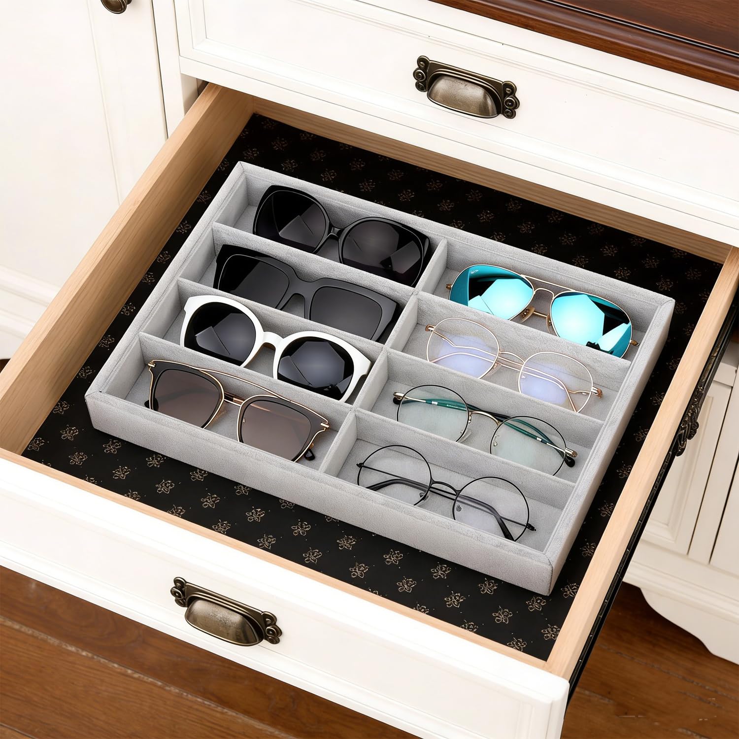 Lansls Organizador De Gafas 8 Rejillas, Bandeja De Exhibición En Terciopelo, Caja Apilable y Versátil Para Gafas De Sol, Relojes y Joyas, Ideal Para Hombres y Mujeres (Gris) — view 6